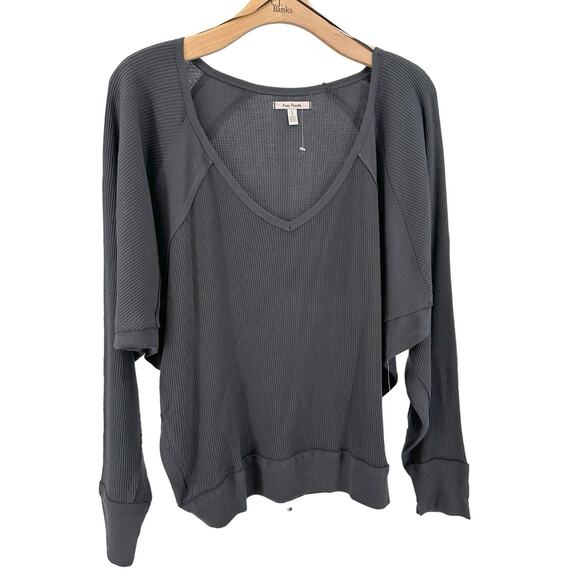 Free People Black Santa Clara Thermal Long Sleeve Womens L Oversized Fit V-Neck - Picture 4 of 8